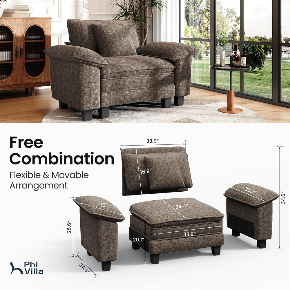 PHI VILLA 87.5" Oversized Sectional Loveseat Sofa with 1 Movable Ottoman