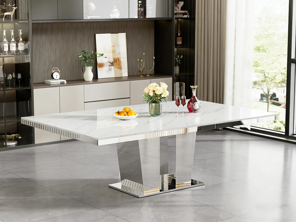 94.5“ Rectangular Dining Table for 6 8 10, Modern White Extendable Kitchen Ta...