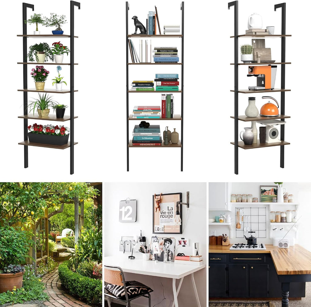 Tangkula Industrial Ladder Shelf Against The Wall, 5-Tier Wall Mount Ladder Bookshelf with Metal Frame, 72 Inch Open Bookcase Plant Flower Stand Display Storage Rack for Home Office (Rustic Brown)