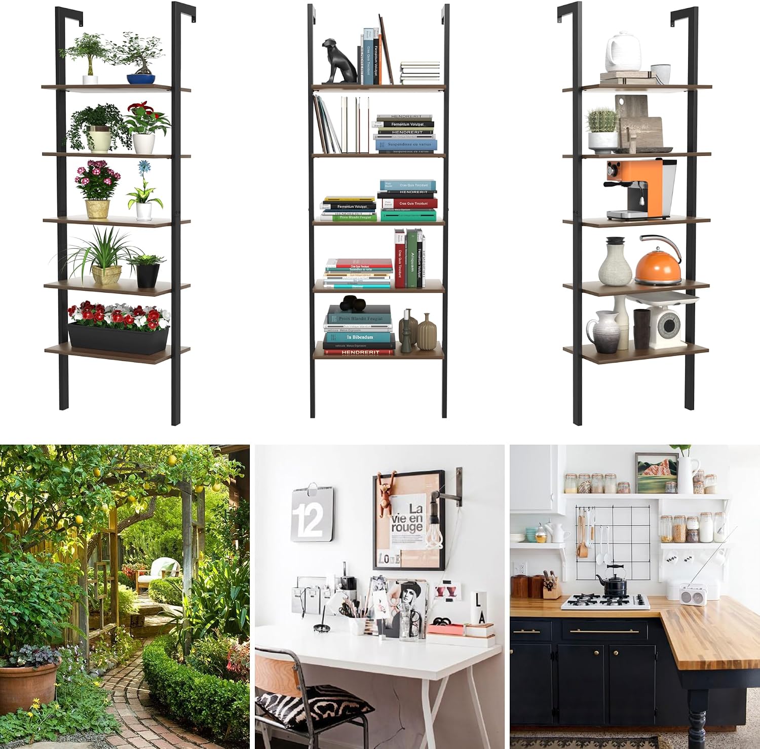 Tangkula Industrial Ladder Shelf Against The Wall, 5-Tier Wall Mount Ladder Bookshelf with Metal Frame, 72 Inch Open Bookcase Plant Flower Stand Display Storage Rack for Home Office (Rustic Brown)
