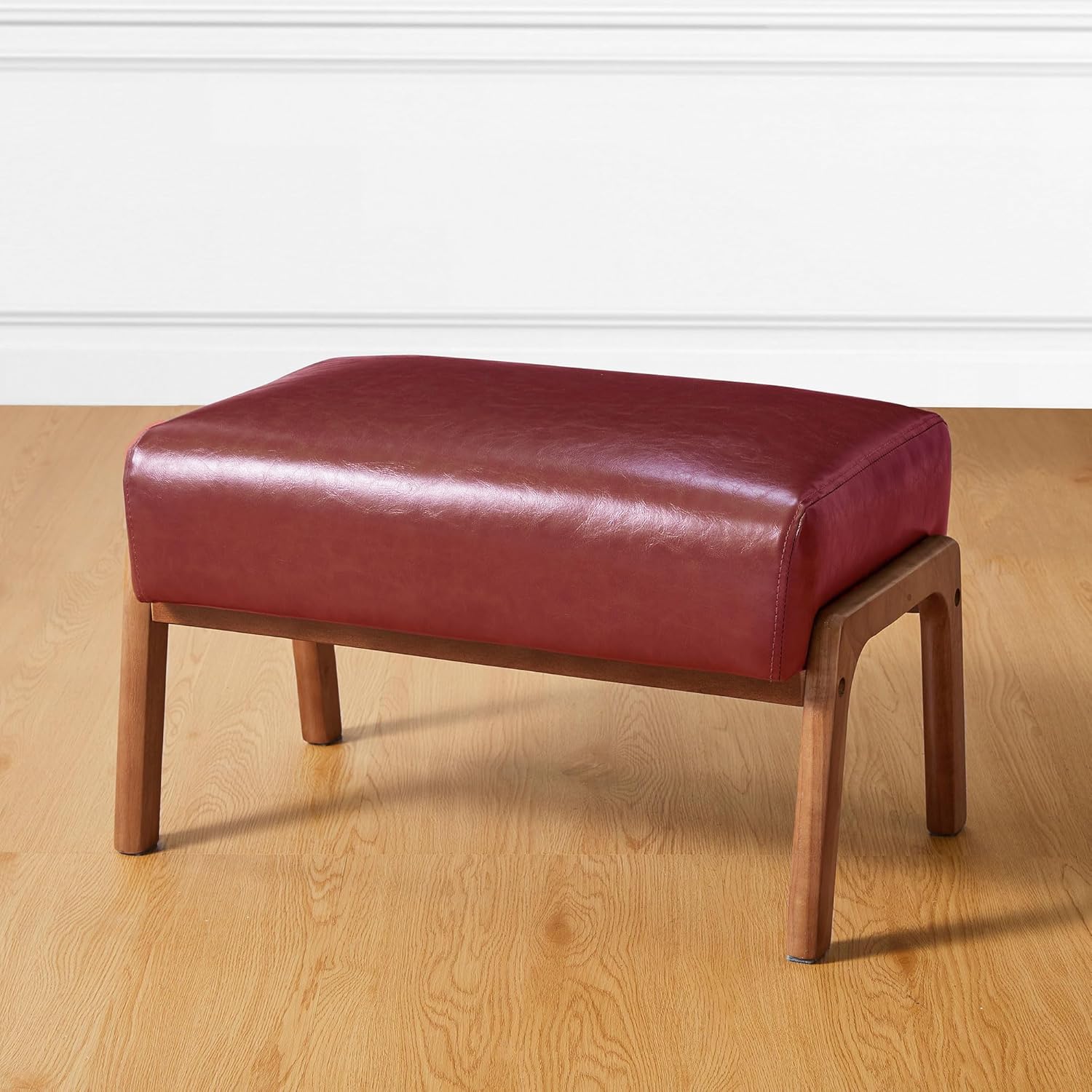 Glitzhome Foot Stool Ottoman, Modern Leatherette Sofa Stool Vanity Chair with Rubber Wood Frame, Footrest Ottoman Bench for Living Room, Entryway, Wine Red