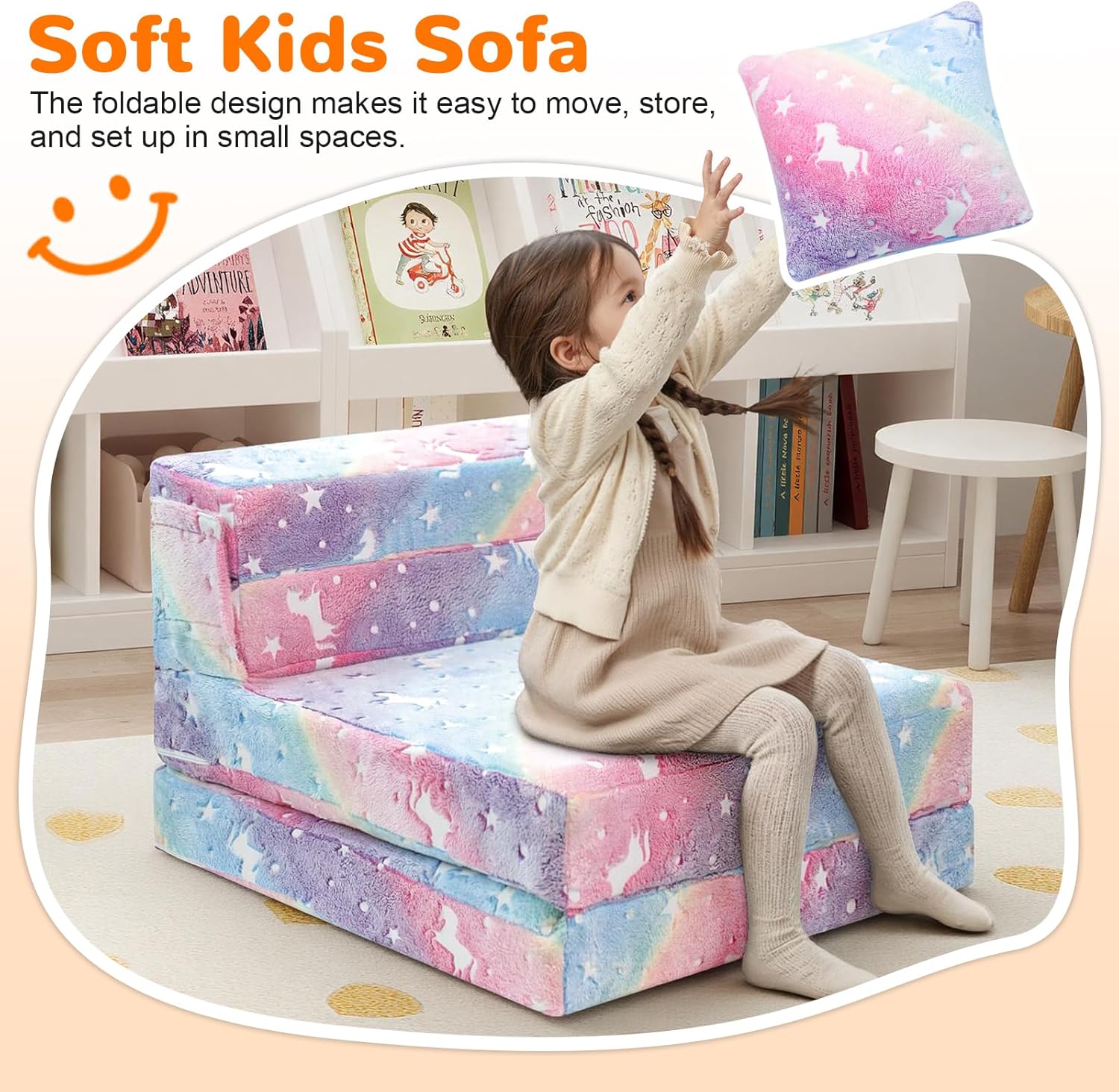 MeMoreCool Glow Rainbow Unicorn Tri-fold Sofa Bed for Kids, Foldable Futon Mattress, Chair, and Floor Couch for Playroom