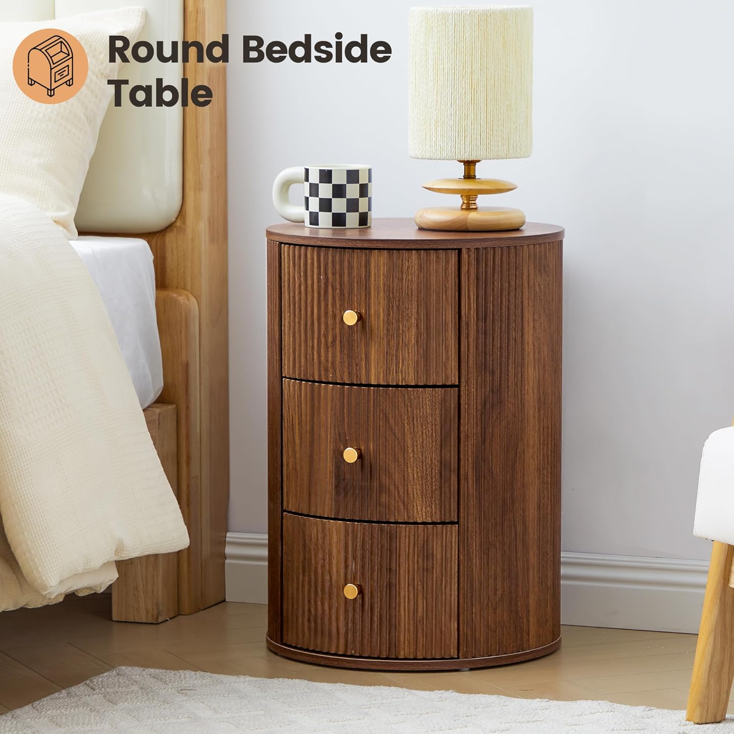 Fully Assembled Round End Table with 3 Storage Drawers, 15.75”Mid Century Side Table for Living Room, 3 Drawers Nightstand for Bedroom, Circle Sofa Bedside Table (Walnut-2 pcs)