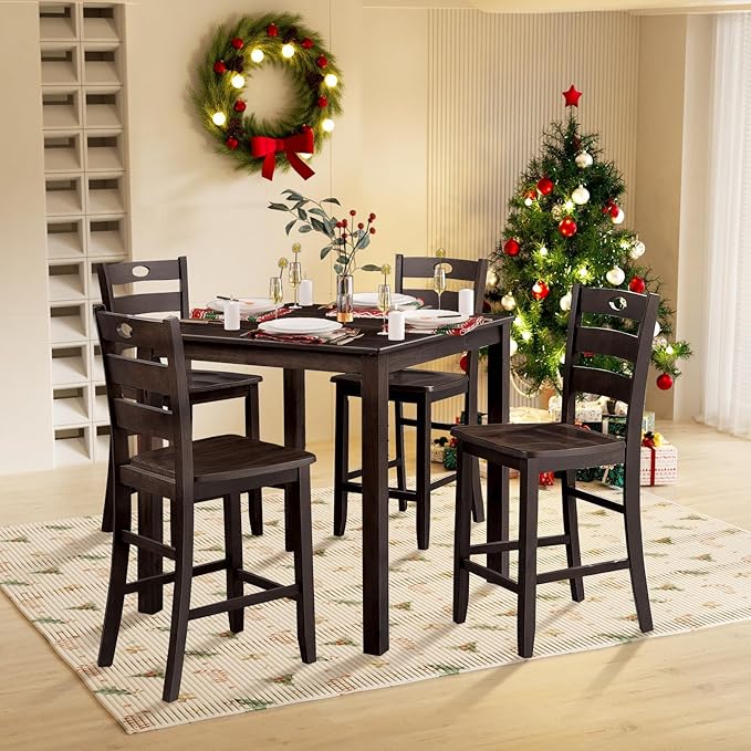 5-Piece Dining Table Set, Solid Rubber Wood Dining Room Table Set for 4, High Top Table and Chair Set for Kitchen Dining Room Restaurant Bar,Espresso