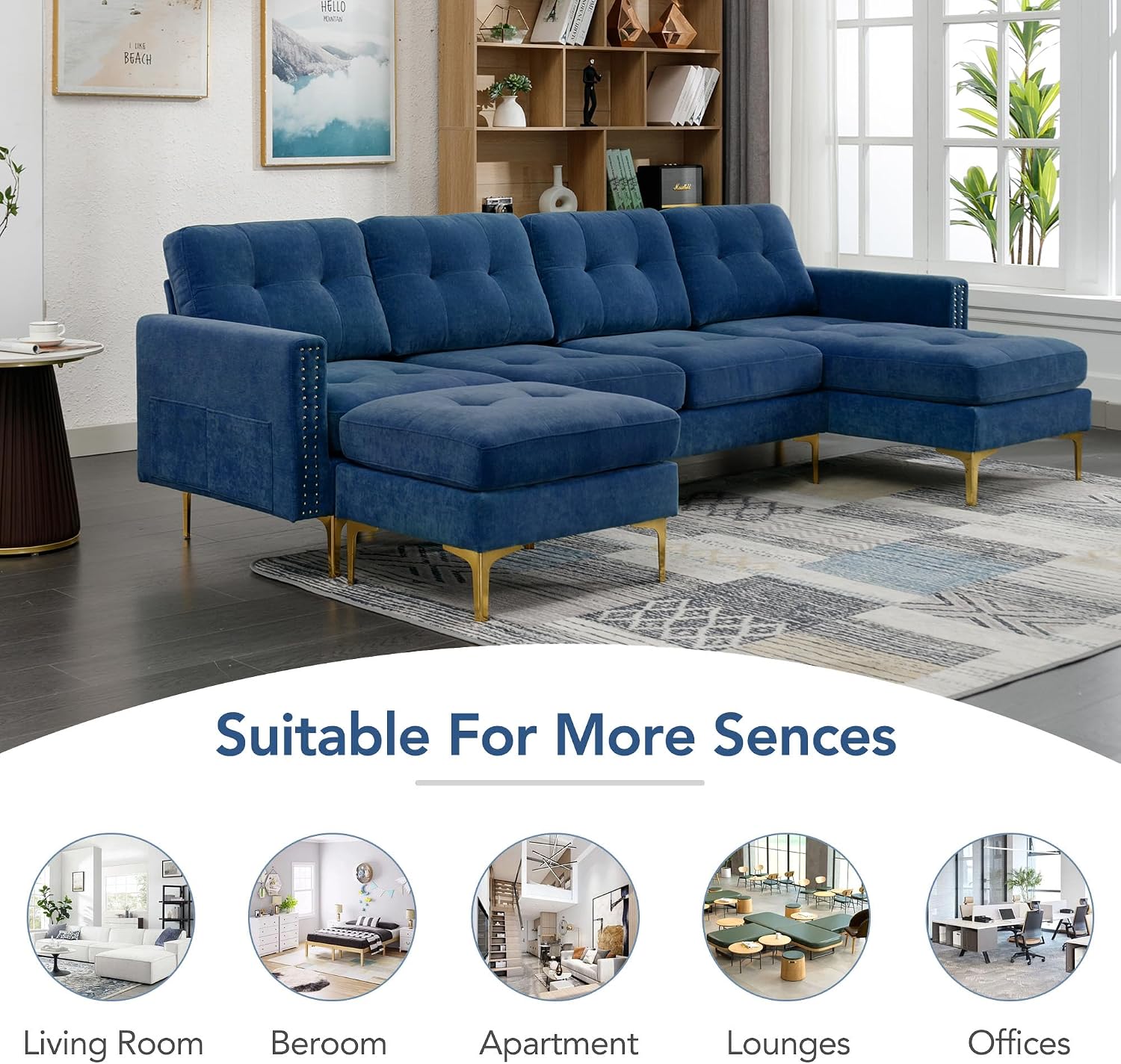 P PURLOVE Velvet Modern Large Sectional Sofa, U Shape Upholstered Couch with Chaise, Convertible Sofa Couch with Movable Ottoman for Living Room Apartment (Blue)