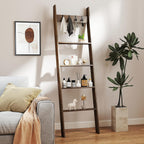 GOFLAME 5-Tier Blanket Ladder, 58.5” Bamboo Decorative Ladder Shelf with 4 Removable Hooks and 4 Deep Rungs, Wall Leaning Farmhouse Quilt Rack Holder for Living Room, Bedroom, Bathroom