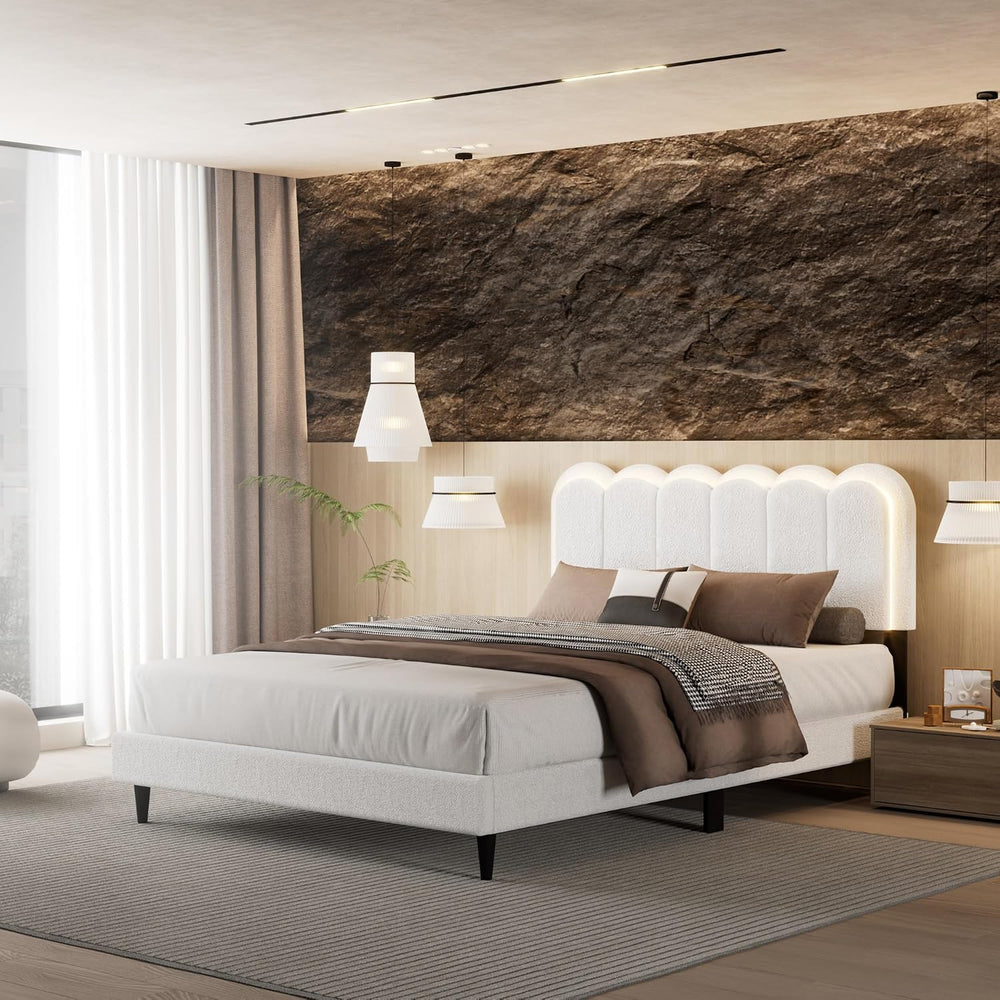 Peanu Queen Boucle Bed Frame, Petal Headboard, Ambient Light, White