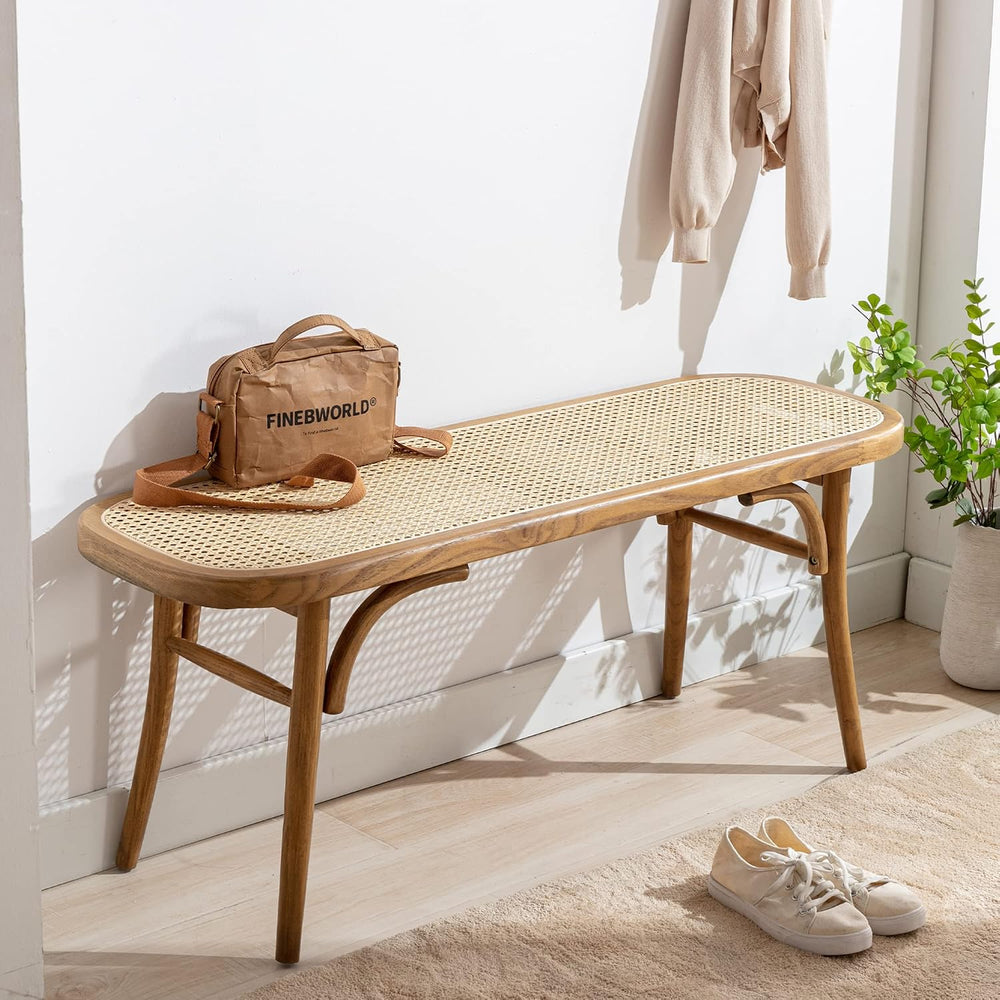 Farmhouse Wood Bench Seat Small Rattan Cane Bench Wicker Bench for End of Bed...