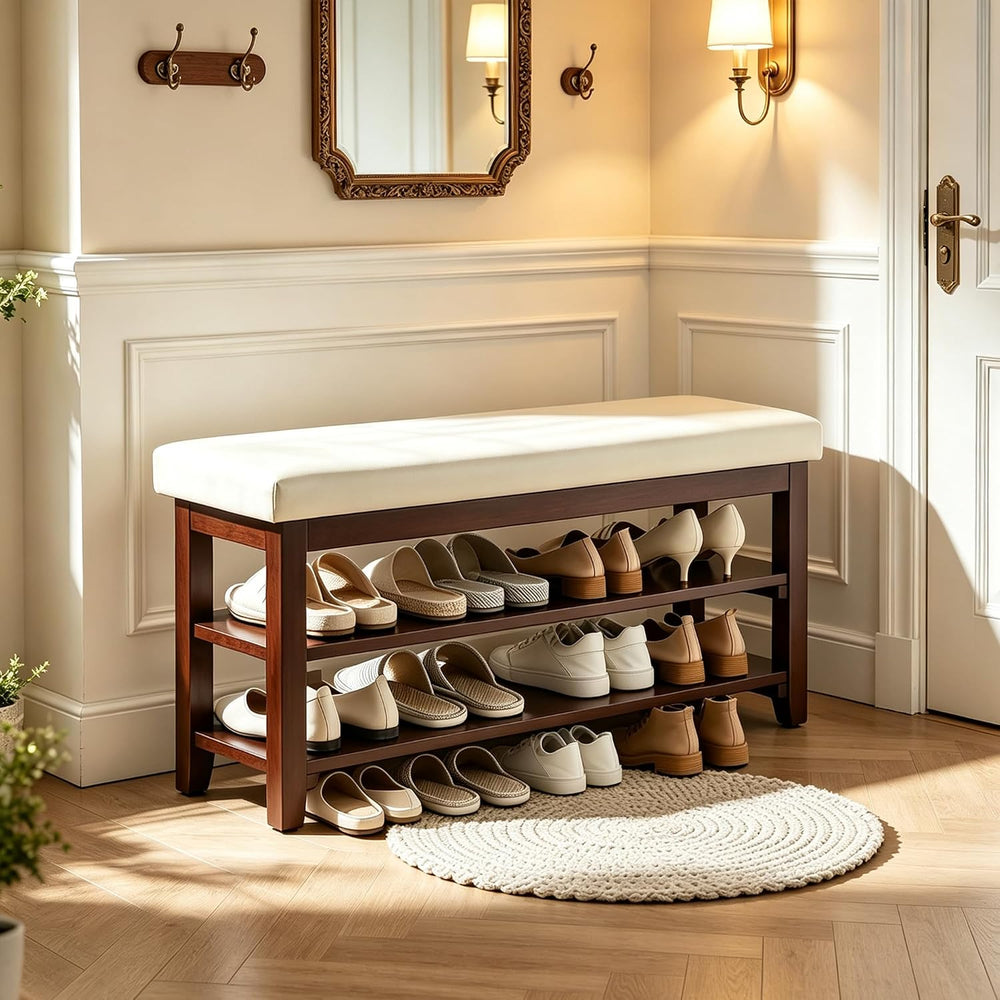 40" Shoe Bench with Leather Cushion, Upholstered Entryway Bench, Ivory |...