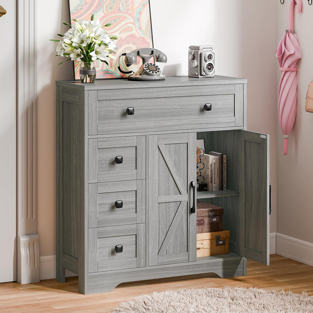 Vabches Farmhouse Storage Cabinet with 2 Doors and 4 Drawers, Wash Grey