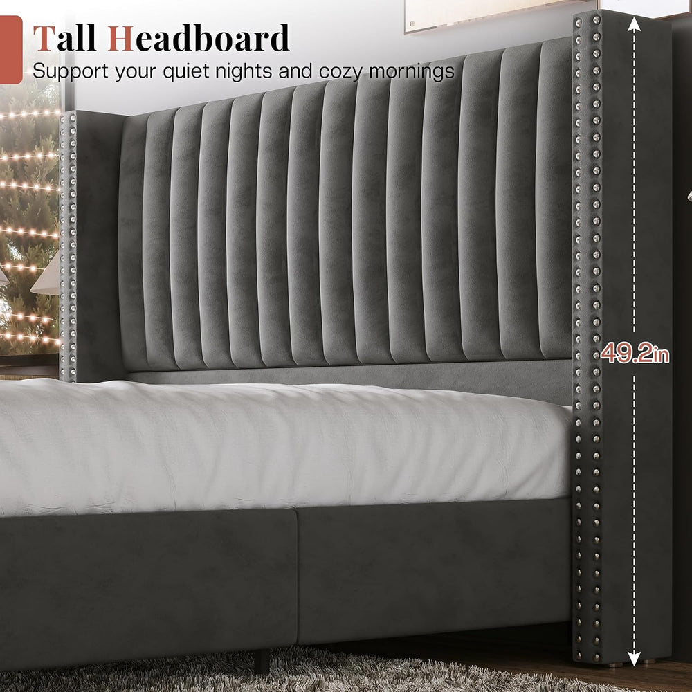 Jocisland King Size Bed Frame Velvet Upholstered Wingback Headboard, Grey