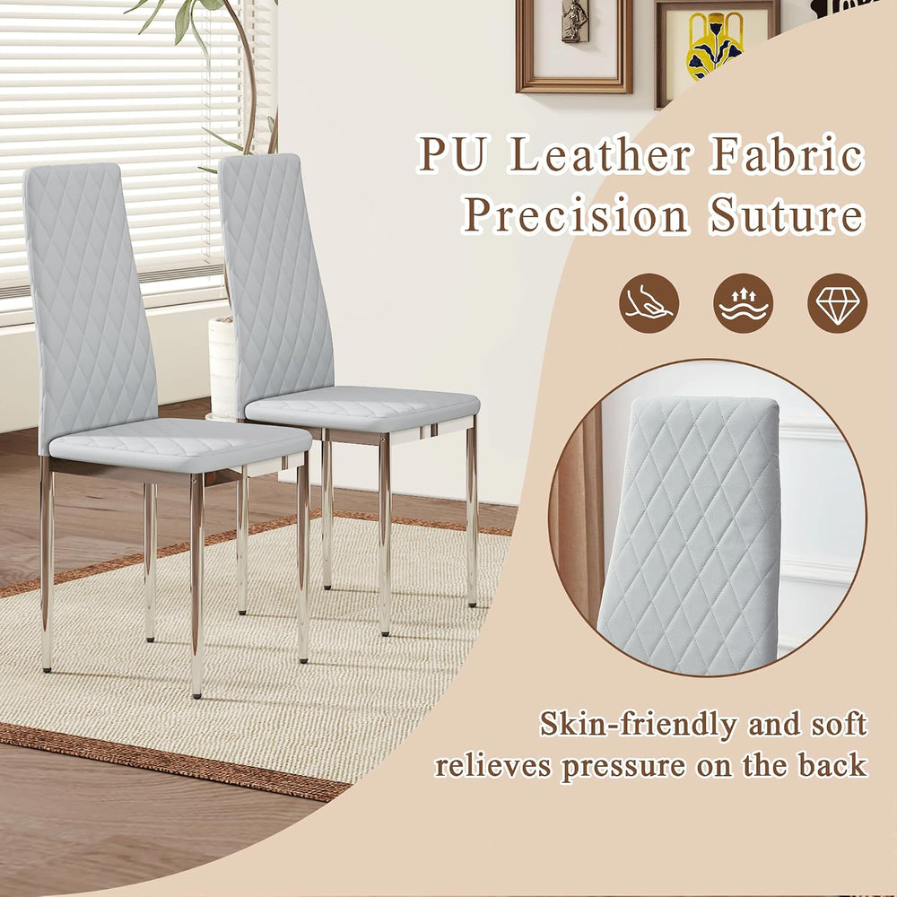 Dining Chairs Set of 6, Gray PU Leather, High Back, Silver Legs | Modern upho...