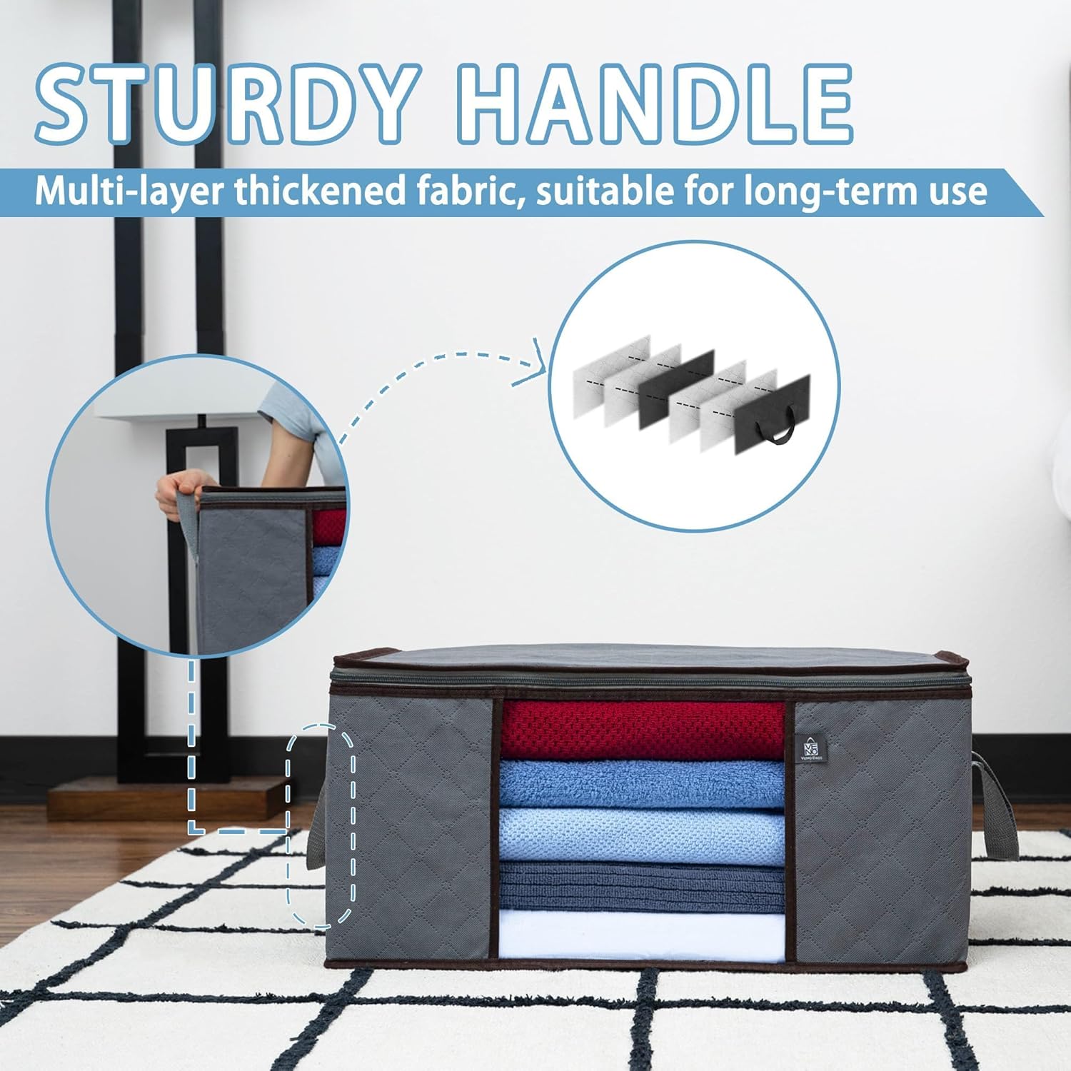 VENO 3 Pack Extra Large Clothes Storage Bag Organizer with Reinforced Handle Thick Fabric for Comforters, Blankets, Bedding, Foldable with Sturdy Zipper, Clear Window, Grey, Reusable (24 Gallon)