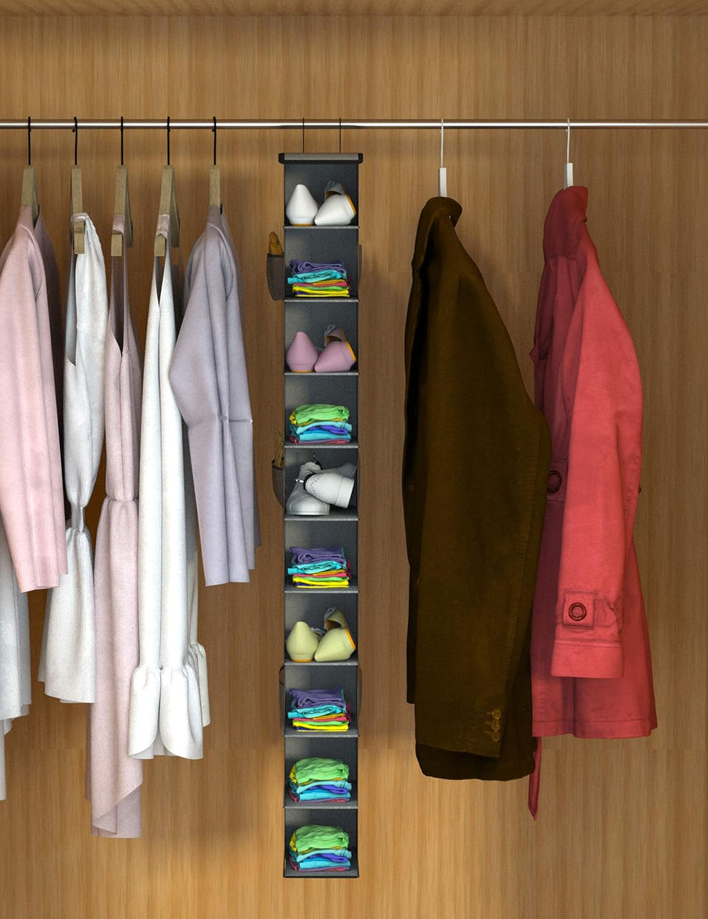 Libeder 10-Shelf Hanging Closet Shoe Organizers with Side Pockets, Grey | Hanging Closet Organizer with Side Pockets for Wardrode,Dorm, Folding Shoe Racks, Space Saving Hanging Shelves with Hooks