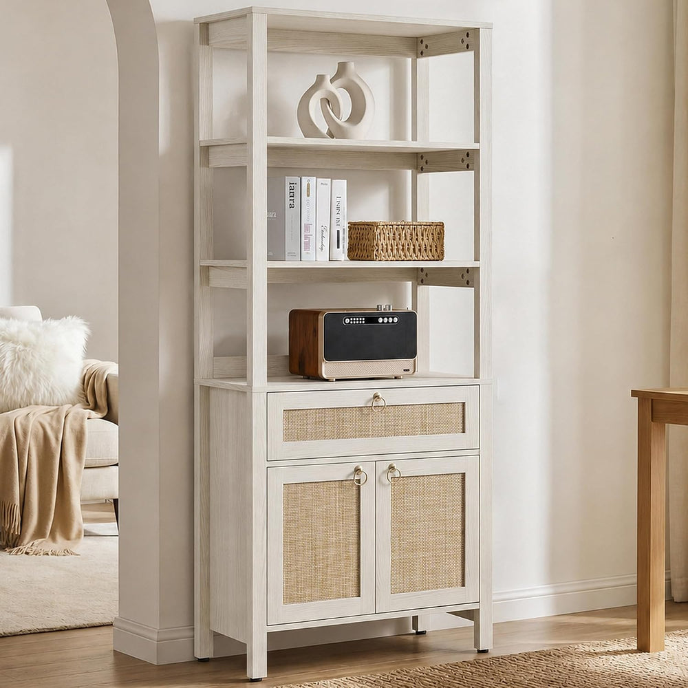 SICOTAS 68.5" Tall Boho White Rattan Storage Bookshelf with Drawer &...