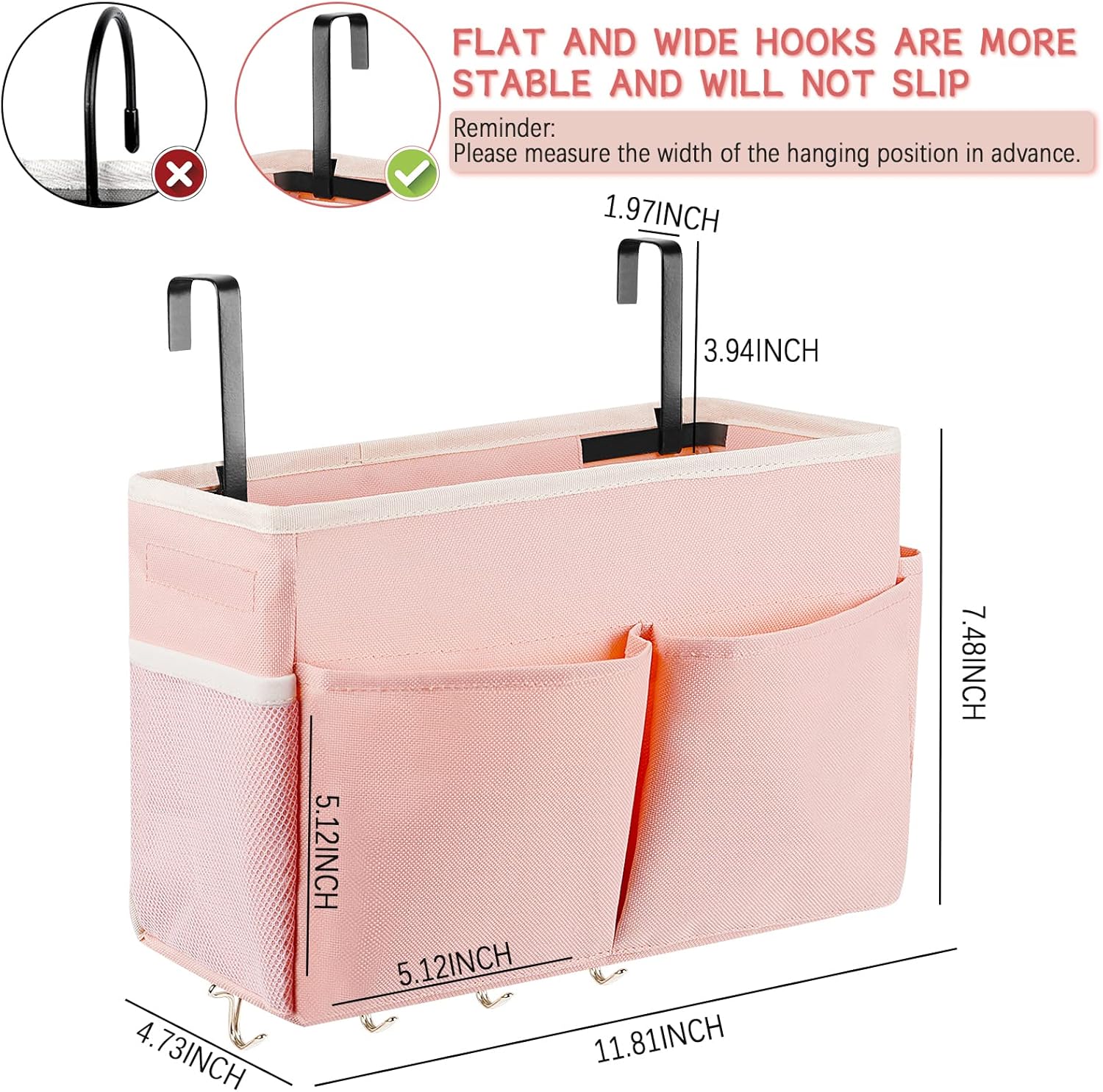 Bedside Storage Organizer 5 Pockets with 4 Hooks Hanging Storage Bag for Headboards/Bunk Bed (Pink)