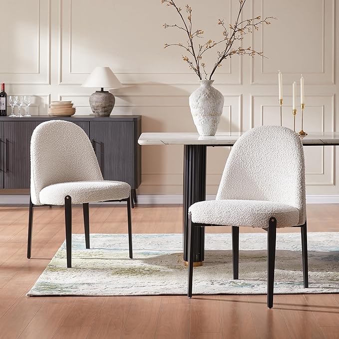 Morden Fort Boucle Dining Chairs Set of 2, Thick Upholstered Chairs with Metal Legs & Curved Backrest, Post Modern Minimalist Chair for Dining Room, Kitchen, Living Room, Bedroom, Apartments, White