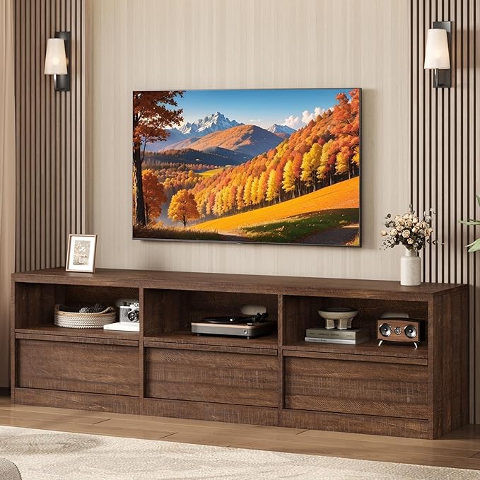 IDEALHOUSE 70 inch TV Stand for 80" TVs, Mid Century Modern Entertainment Center with Storage Drawer & Open Shelves, Wood Media Console Cabinet for Living Room/Bedroom, Vintage