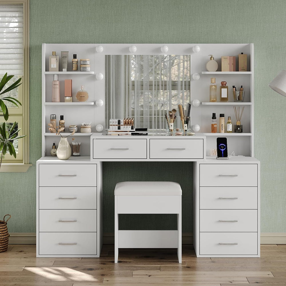 Yanosaku 55'' W Makeup Vanity with Mirror & Lights, 10 Drawers Va...