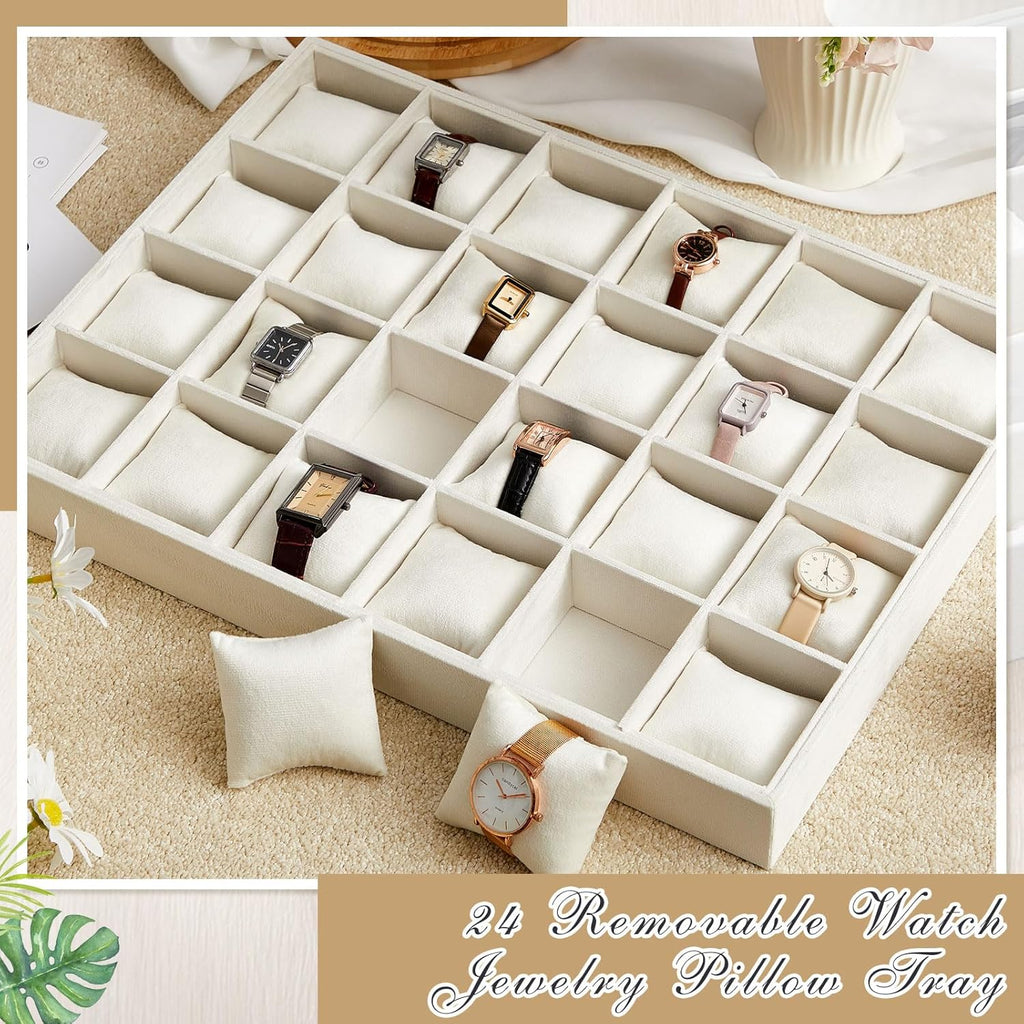Henoyso 2 Pieces 24 Grid Velvet Watch Tray Jewelry Organizer Stackable Watch Bracelet Bangle Display Holder Adjustable Pillow(Beige)