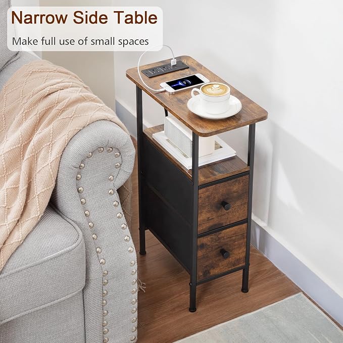 Narrow End Tables Living Room Set of 2 with Charging Station, Skinny Side Tab...
