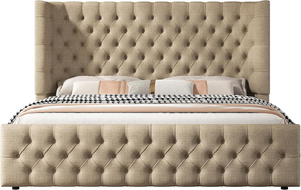 Jocisland Queen Bed Frame Upholstered Wingback Headboard & Footboard,Khaki