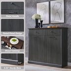 Modern Double Tilt-Out Trash Cabinet, 20 Gallon Fluted Laundry Hamper Cabinet with 2 Drawers, Wooden Hidden Garbage Can Cabinet with Storage Basket, Free Standing for Kitchen & Living Room, Grey