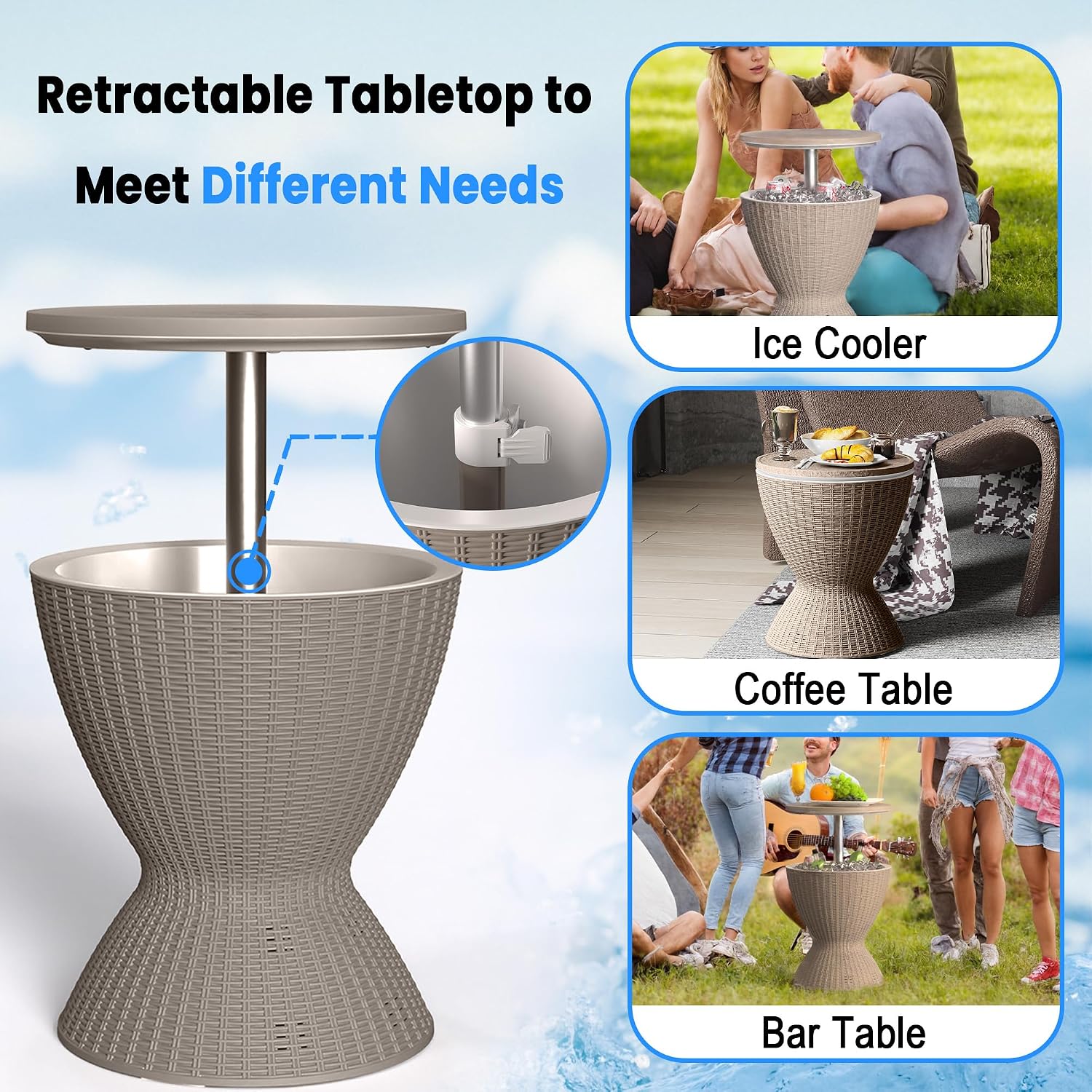 EasyUp Outdoor Cooler Bar Table – 8 Gallon Outdoor Patio Cooler Table with Drain Plug, Adjustable Height Rattan-Style Resin Cool Bar for Poolside, Deck, BBQ & Parties (Grey)