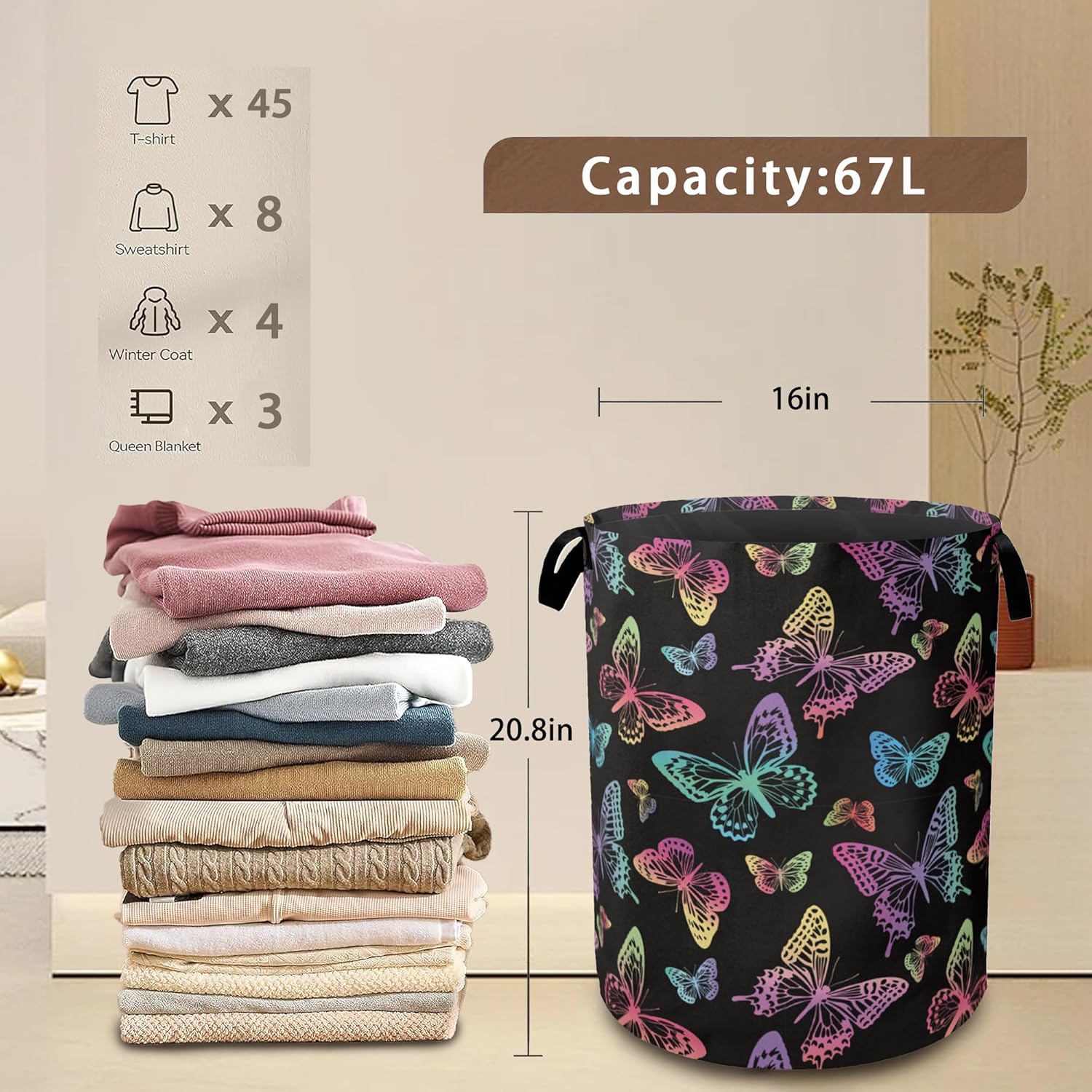 Rainbow Butterfly Collapsible Laundry Baskets,Laundry Hamper,Storage Basket with Handles for Bathroom Bedroom College Dormitory Living Room Nursery Organizer 16"x20"