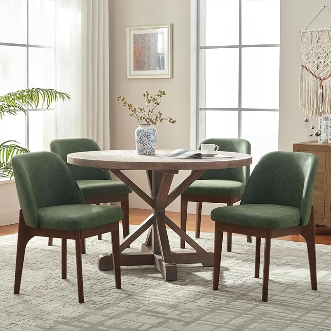 VKNOW Modern Dining Chairs Set of 4, Faux Leather Kitchen Chairs with Wood Legs, Upholstered Side Chair for Kitchen Dining Room, Green