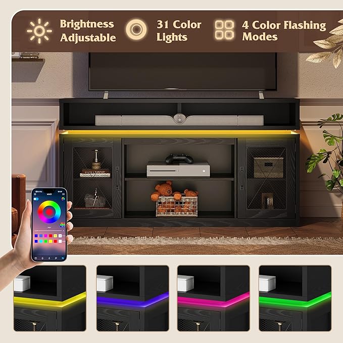 WLIVE Farmhouse TV Stand for TVs Up to 65 Inches, Tall Entertainment Center with Storage Cabinets & LED Lights, Media Console for Living Room, Bedroom, Home Theater, Black