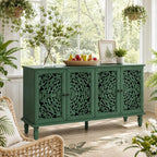 Green Sideboard Cabinet with Carved Doors, Green Buffet Cabinet, Vintage Cabinet with Storage Shelves, Farmhouse Storage Cabinet for Dining Room, Living Room & Entryway