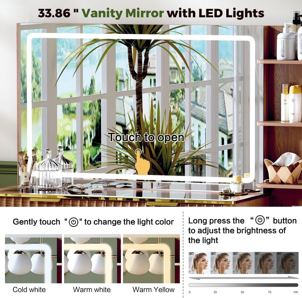 51" Vanity Desk with Power Outlet, Makeup Vanity with Mirror and Lights,...