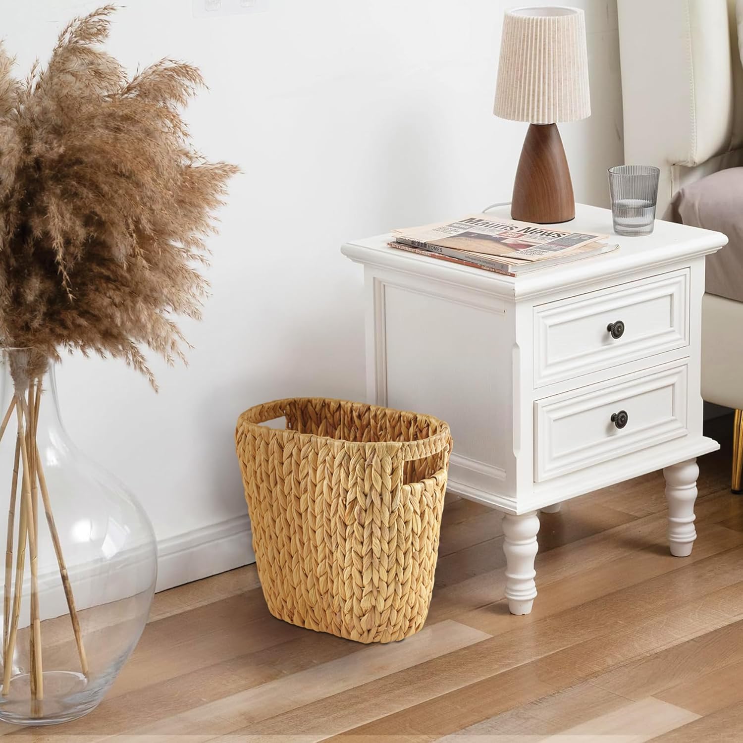 GREENATURAL Wicker Trash Can, Handwoven Water Hyacinth Waste Basket, Wicker Storage Bin with Natural Finish, Rustic Garbage Can for Laundry Room, Bathroom, Bedroom, Office, 13x7.5x12.25 inches