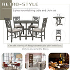 Merax 5 Piece Round Dining Table Set 4 Retro Chairs with Special-Shaped Table Legs, Exquisitely Designed Hollow Chair Back for Dining Room, Grey