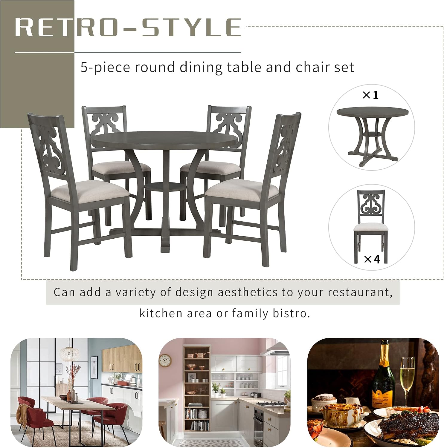 Merax 5 Piece Round Dining Table Set 4 Retro Chairs with Special-Shaped Table Legs, Exquisitely Designed Hollow Chair Back for Dining Room, Grey