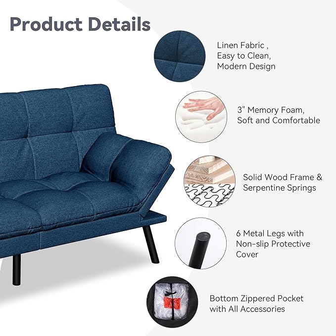 Convertible Futon Sofa Bed,Blue Linen Modern Futon Couch,Memory Foam Loveseat Sleeper Recliner,Detachable Cushion,Adjustable Backrest & Armrest,Couches for Living Room,Office,Apartment