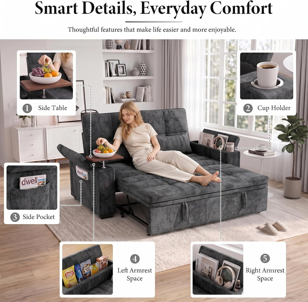 Dreamzie 65'' Convertible Sleeper Sofa Bed with Swivel Side Table, Ch...