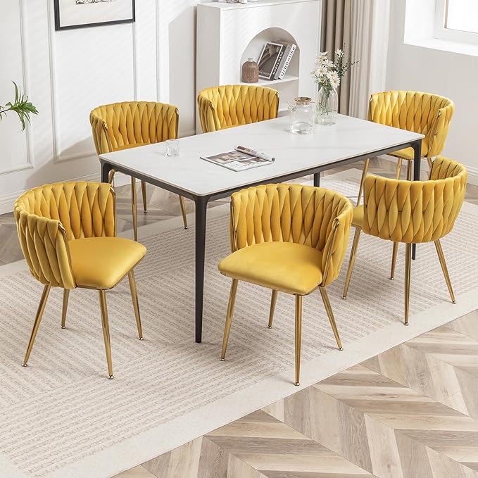Velvet Dining Chairs Set of 6, Modern Upholstered Dining Chairs with Gold Metal Legs for Dining Room, Vanity, Kitchen, Living Room(Yellow)