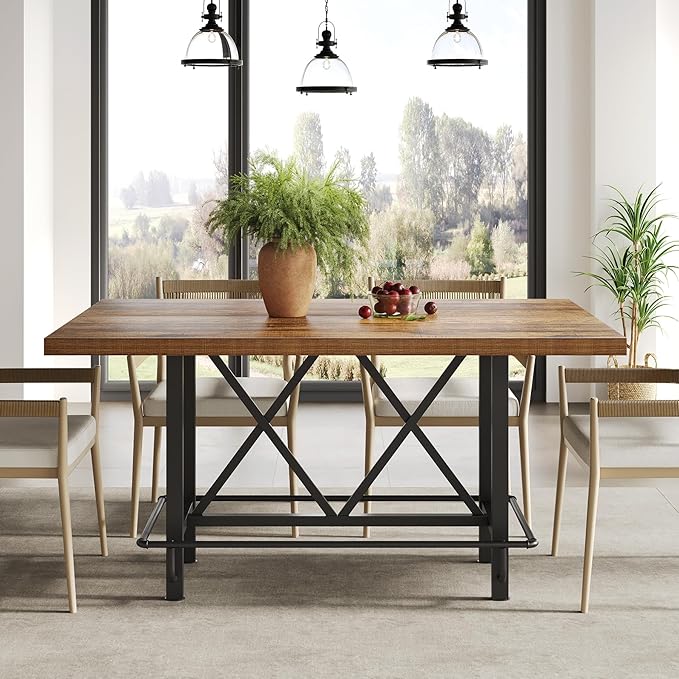 LITTLE TREE 63-Inch Industrial Bar Table with Metal Footrest, Counter Height Pub Table for Kitchen, Home Bar & Entertaining (Brown)