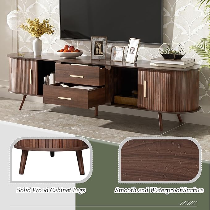 Mid Century Modern TV Stand for TVs up to 75”, Fluted Entertainment Center, Media Console with Tambour Sliding Doors and Wood Panel Drawers, Walnut Finish Media Console for Living Room