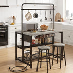 46" Large Kitchen Island Table Baker Rack with Power Outlet and 3-Tier Storage-Microwave Stand Oven Shelf, Metal Coffee Bar Table,Kitchen Storage Shelf for Dining Living Room, 5 Hooks,Grey