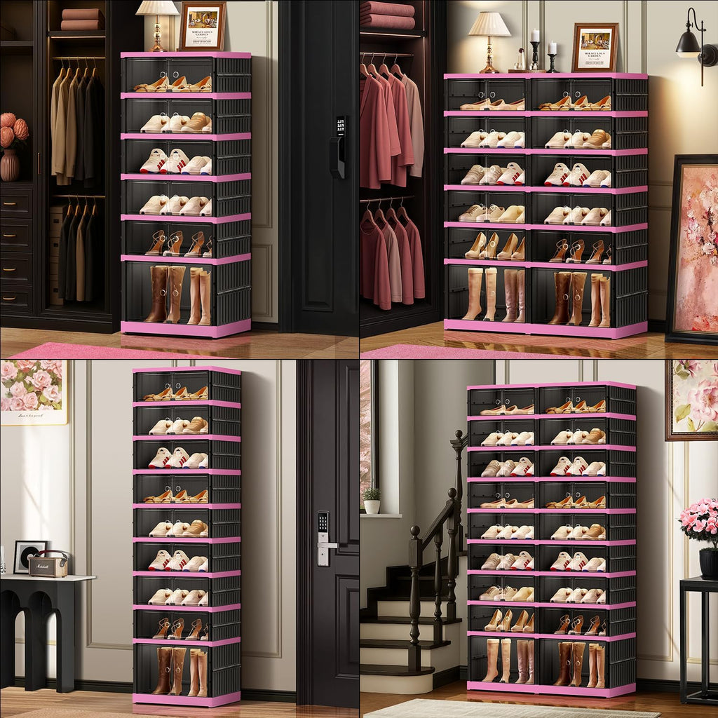 CIMLORD 9-Tier Foldable Shoe Rack Organizer with Door, 36 Pairs, Black-Pink | Collapsible Large Shoe Rack for 36 Pairs, Fits Boots, Wide Stackable, Clear Door, Lidded Boxes, Easy Assembly, for Closet