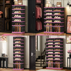 CIMLORD 9-Tier Foldable Shoe Rack Organizer with Door, 36 Pairs, Black-Pink | Collapsible Large Shoe Rack for 36 Pairs, Fits Boots, Wide Stackable, Clear Door, Lidded Boxes, Easy Assembly, for Closet