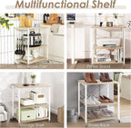 Giantex Kitchen Bakers Rack 3-Tier Microwave Cart on Wheels, Industrial Utility Bar Cart with 10 Hooks Metal Frame Wood Storage Shelves, Rolling Microwave Stand, Maple & White