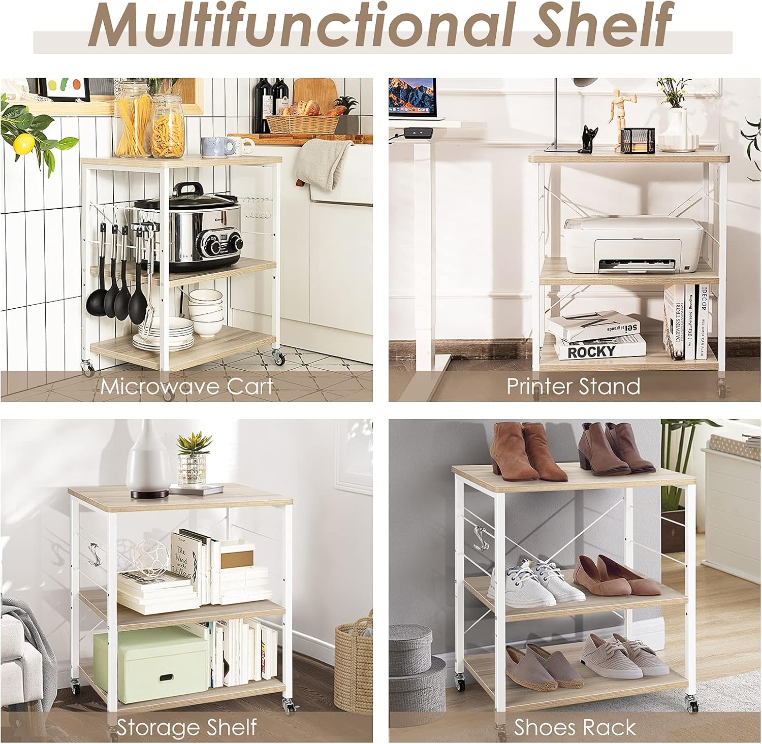 Giantex Kitchen Bakers Rack 3-Tier Microwave Cart on Wheels, Industrial Utility Bar Cart with 10 Hooks Metal Frame Wood Storage Shelves, Rolling Microwave Stand, Maple & White