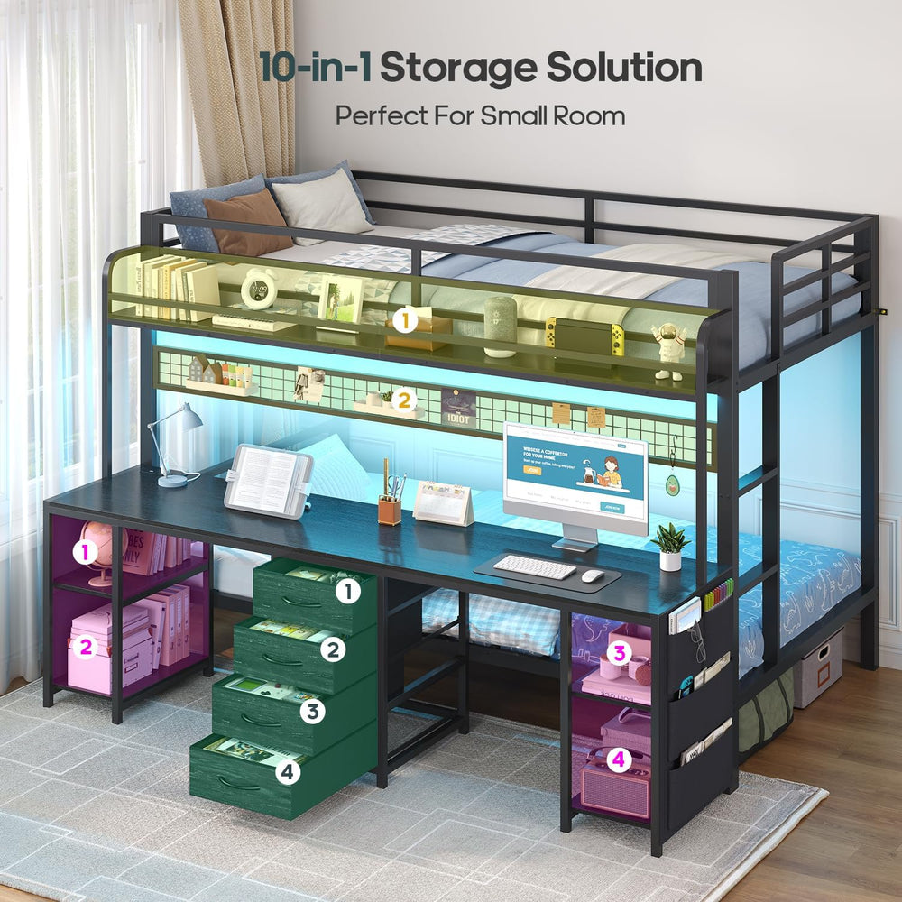 ADORNEVE Bunk Bed Twin Over Twin with 2 Person Desk, LED Lights, Black