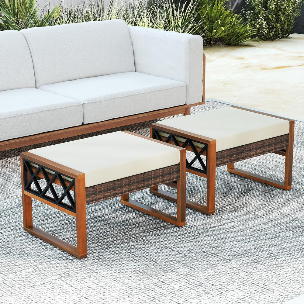Tangkula Rattan Wicker Outdoor Ottoman Set of 2, Patio 3-in-1 Footstools with...