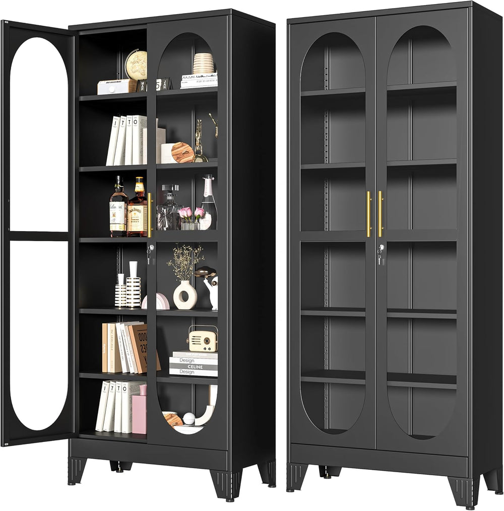 PAOFIN 75" H Locking Display Cabinet with Glass Door, Metal Curio Cabine...