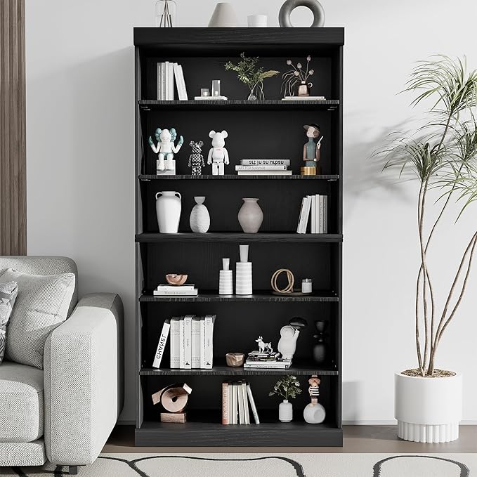 Casaphoria 62" Wooden Book Shelf, 6-Tier Bookcase, Open Bookshelf with Wide Storage Shelves for Home Office, Black